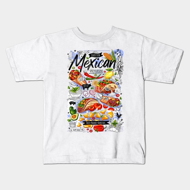 Food poster, food, Mexican, nachos, burritos, tacos, snack Kids T-Shirt by Iraida Bearlala